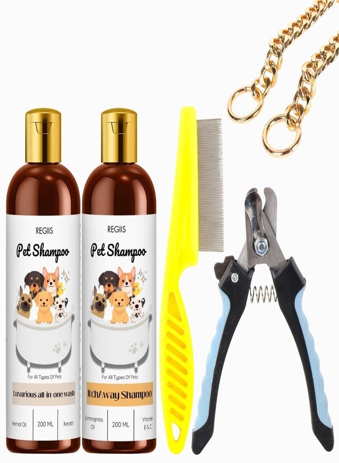 مجموعة ريجيس للعناية بالحيوانات الأليفة، تتضمن شامبو لإزالة الشعر الزائد وشامبو لعلاج الحكة، سعة كل منهما 200 مل، مقص أظافر احترافي، مشط للبراغيث، وقفاز للعناية بجميع أنواع الكلاب والقطط.